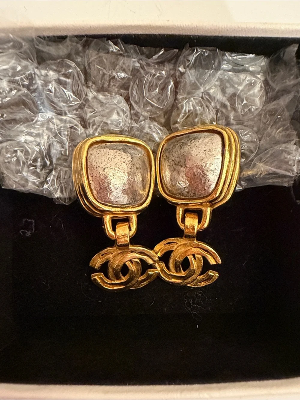 CHANEL Gold and Silver-Tone Double C Drop Earrings